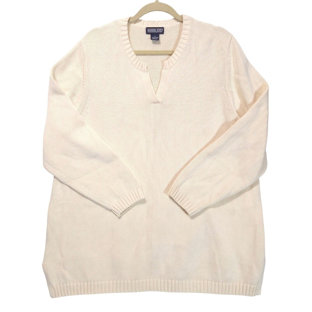 Vtg Lands End Knit Sweater Womens 2X Cream Cotton Split Neck Chunky Grandmacore